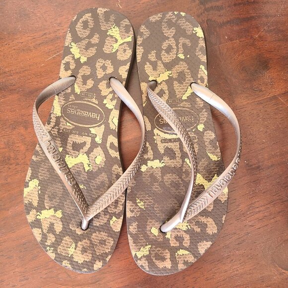 Havaianas Slim US Size 4/5 EU Size 37 Brown Animal Print Flip Flop Sandals - Picture 2 of 6